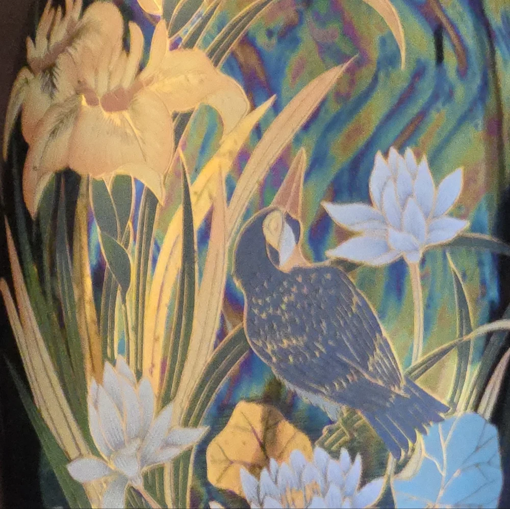 Japanese Pair Of Mid Century Vases Feat. Birds & Water Scene, Iridescent